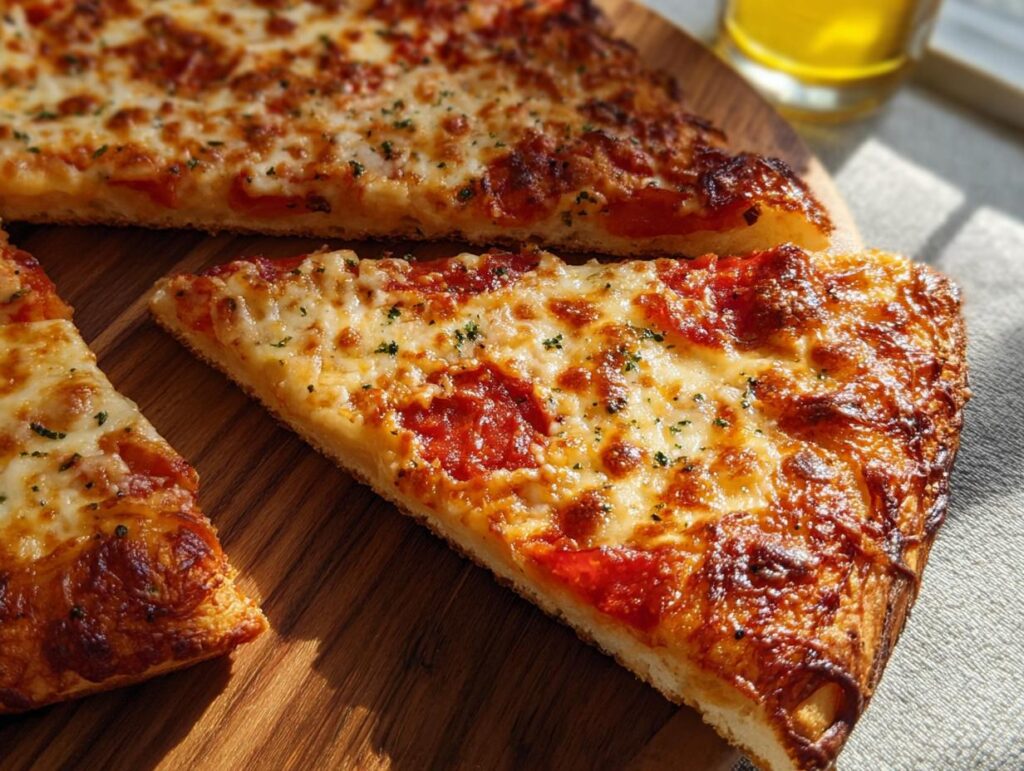 Close-up of three slices of pepperoni pizza with melted cheese and herbs, perfect for pizza night.