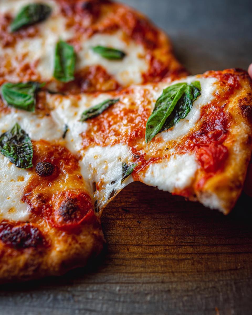A slice of pizza is lifted, showing melted cheese stretching, topped with tomato sauce, fresh mozzarella, and basil leaves.