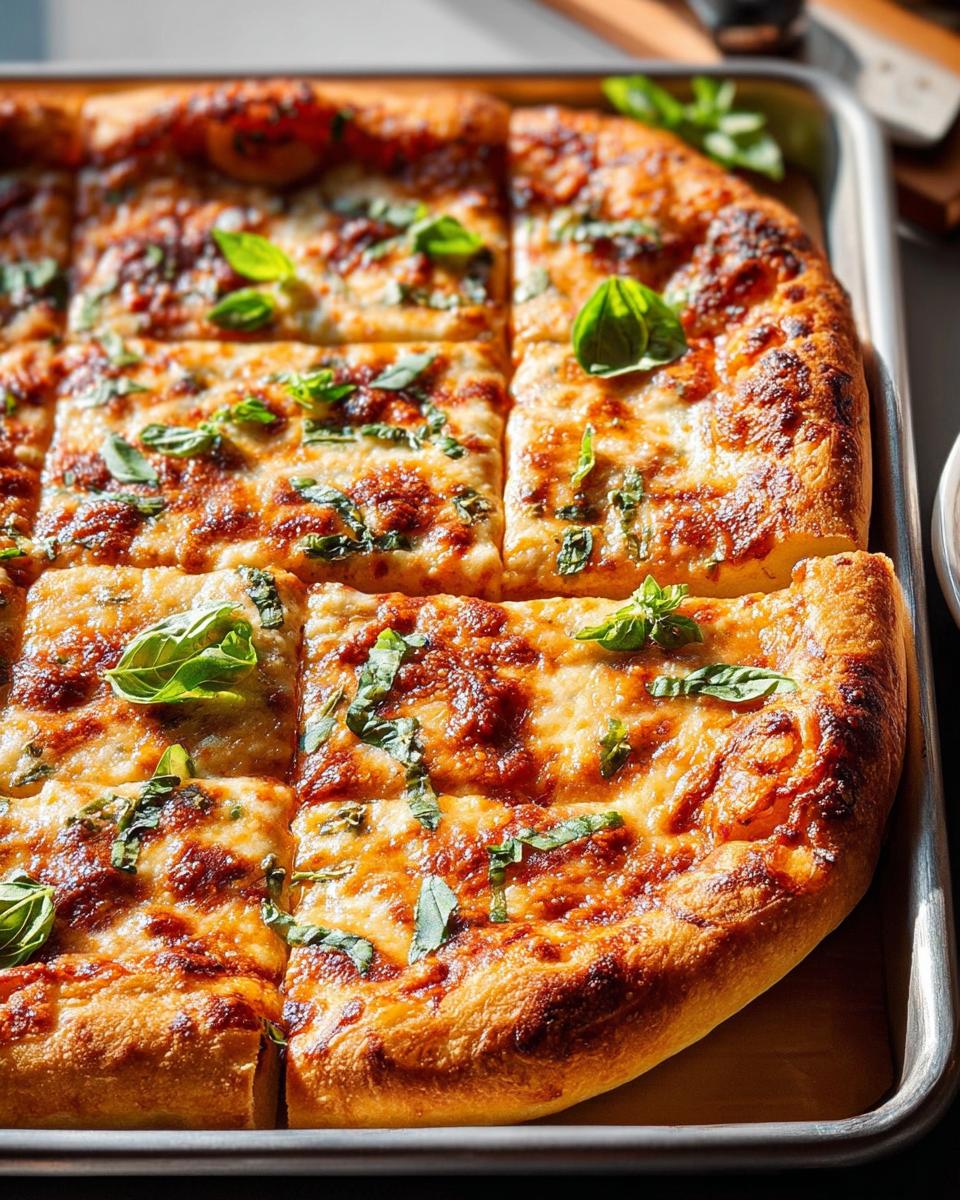 A freshly baked square pizza with melted cheese and basil, perfect for Pizza Night Recipes in 10 Minutes.