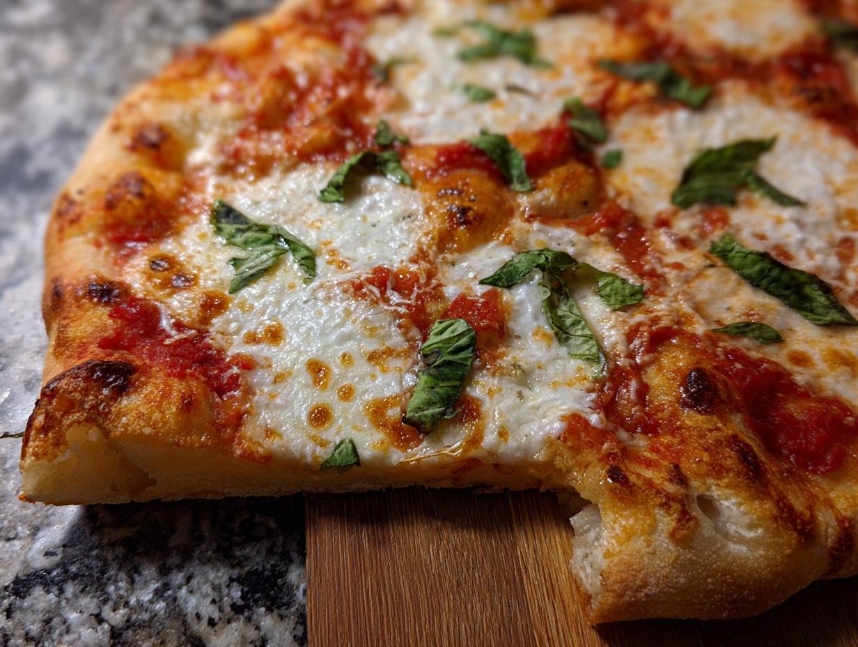 Close-up of a slice of pizza with melted cheese, tomato sauce, and fresh basil leaves, perfect for pizza night recipes.