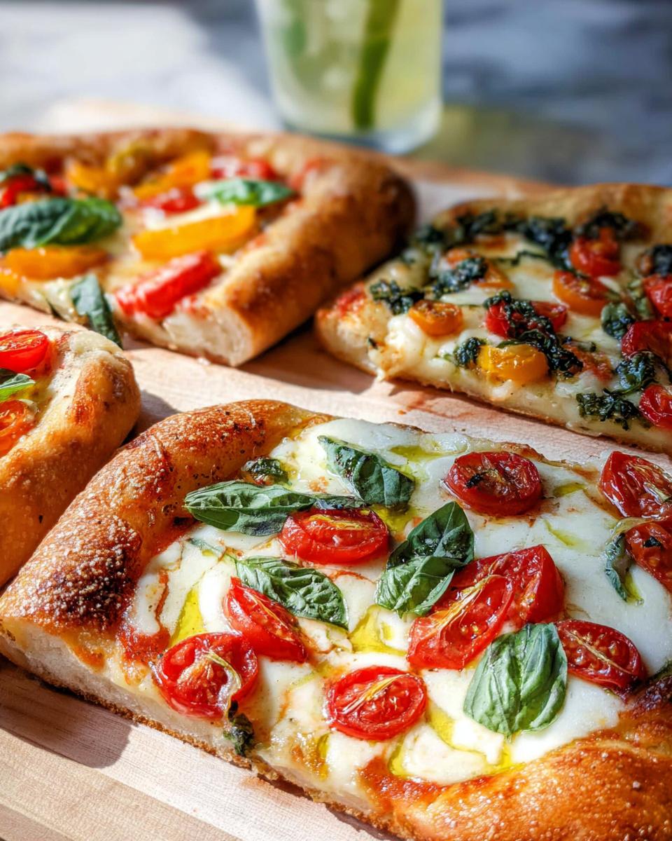 Close-up of fresh, homemade pizza slices with cherry tomatoes, basil, and mozzarella cheese, perfect for pizza night recipes.