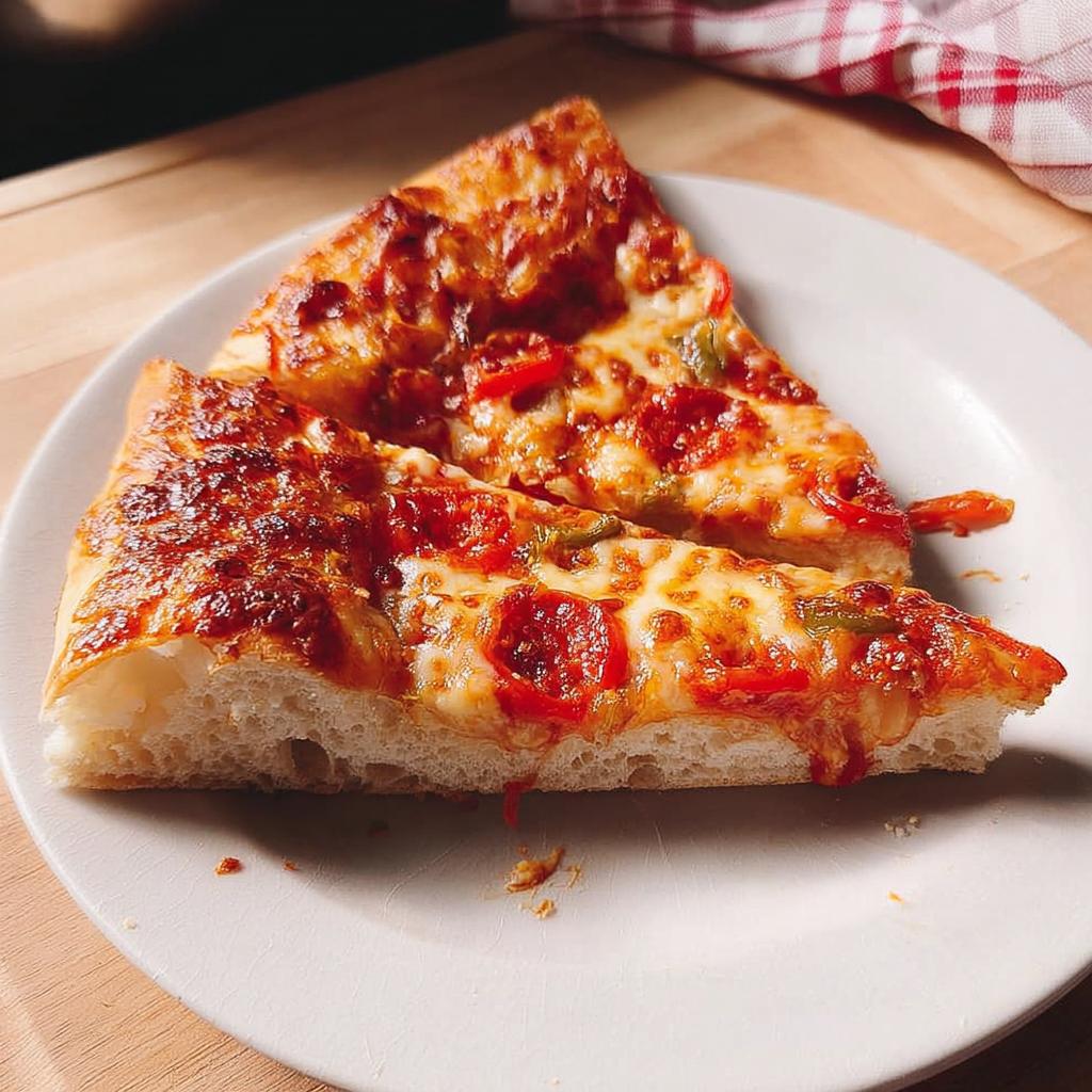 Two slices of pepperoni pizza with melted cheese and red and green peppers, ready for meal prep.