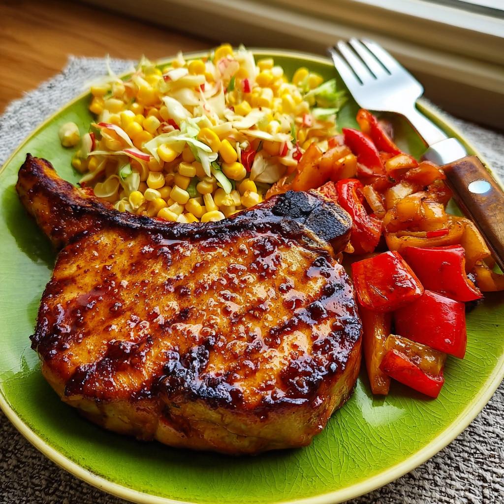 A perfectly cooked pork chop recipe, glazed and served with corn salad and roasted bell peppers.