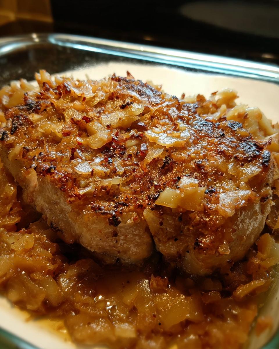 Close-up of juicy pork chops smothered in caramelized onions, a quick and delicious meal.