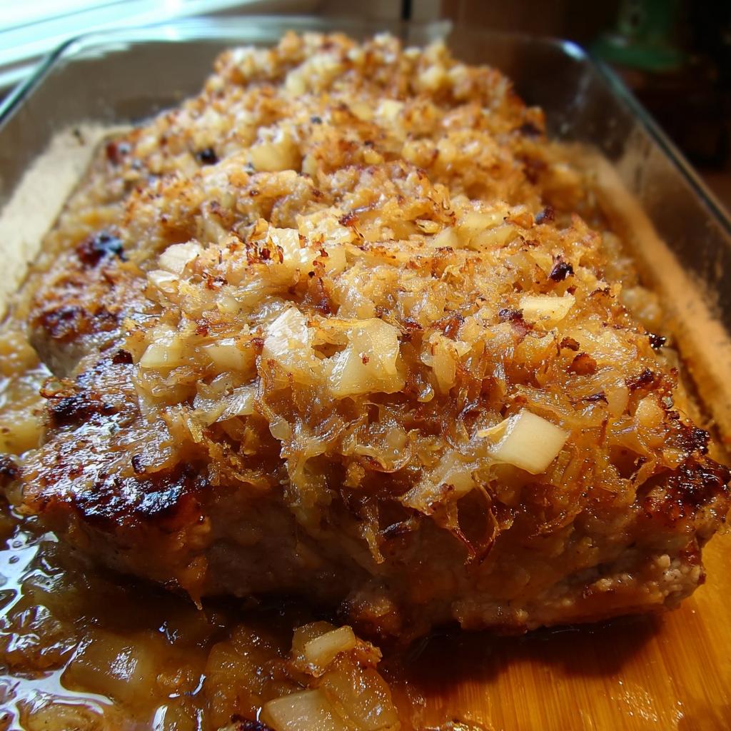 Close-up of juicy pork chops baked with caramelized onions in a glass baking dish, a quick weeknight winner.