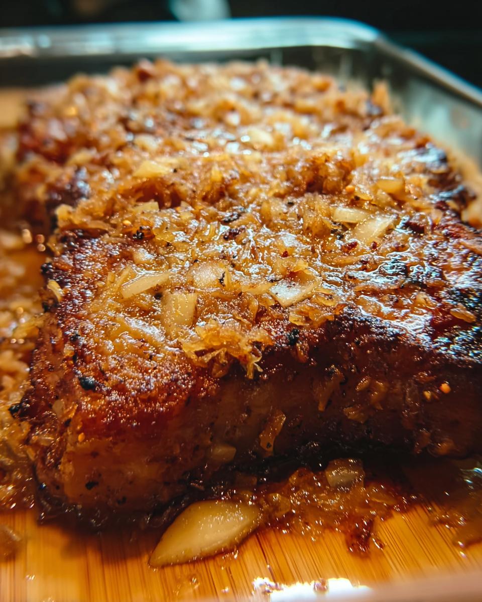 Close-up of juicy pork chops topped with glistening caramelized onions, a perfect weeknight meal.