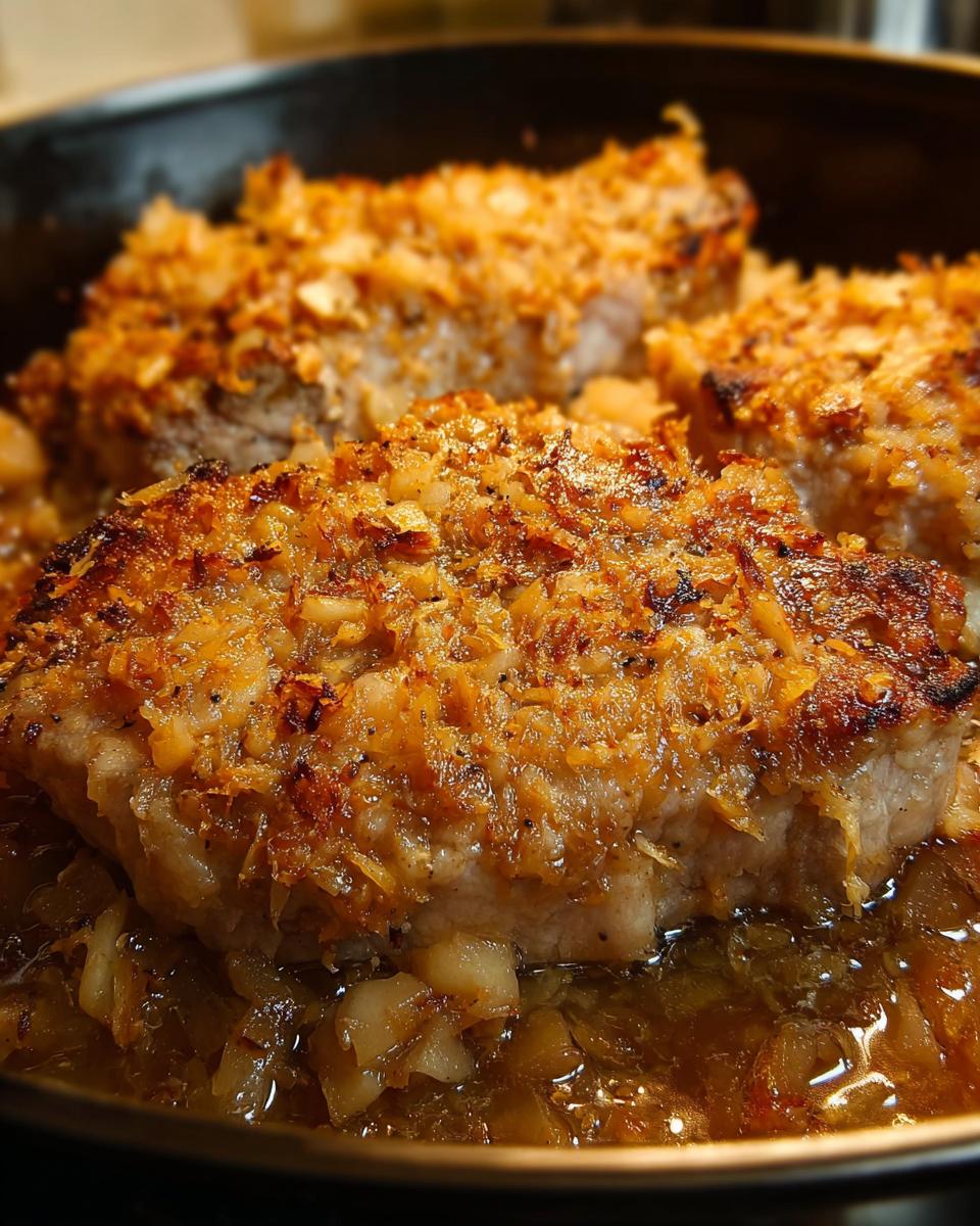 Close-up of crispy pork chops in a pan, part of a quick pork chops recipe.