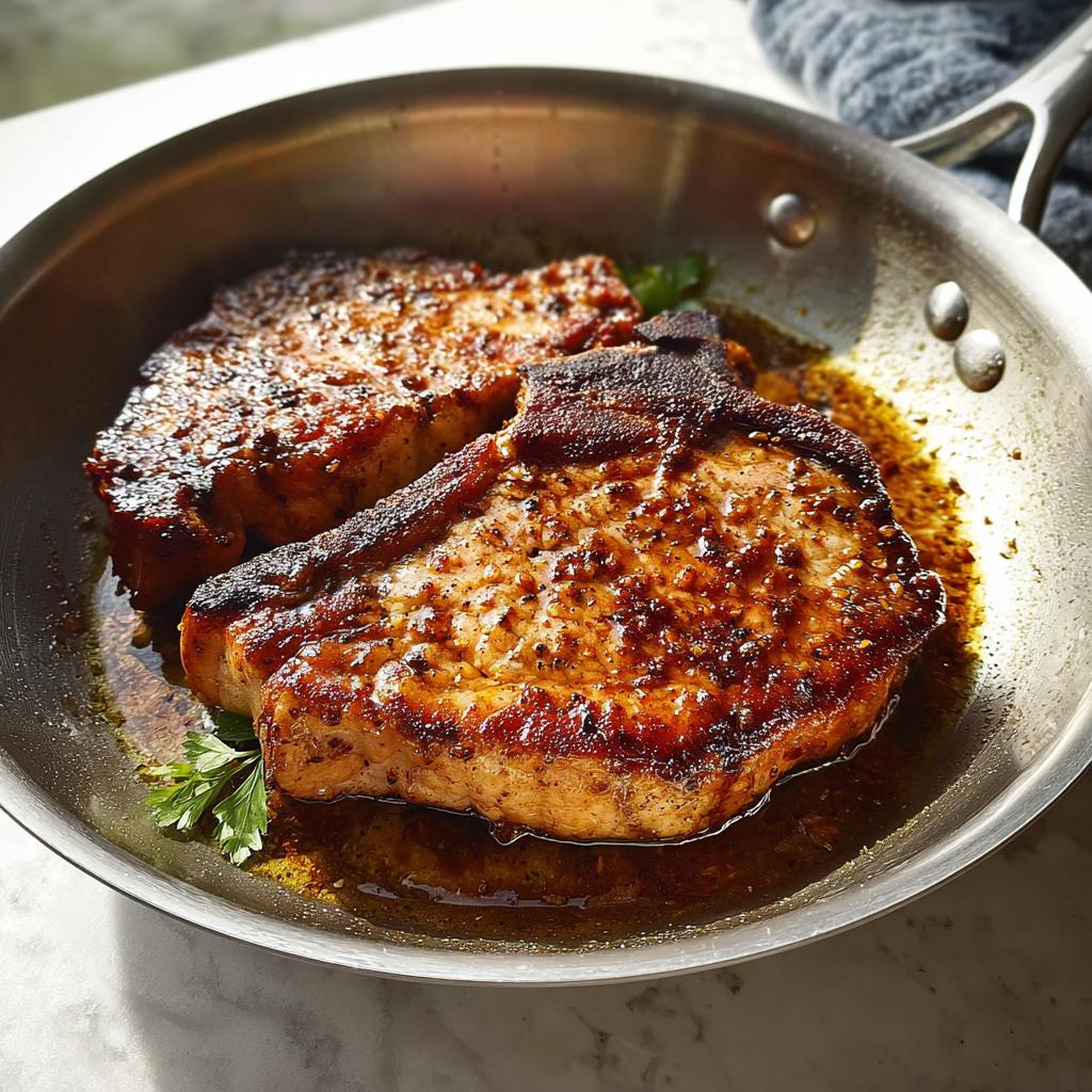Two perfectly seared pork chops in a pan with a rich, glossy sauce and a sprig of parsley.