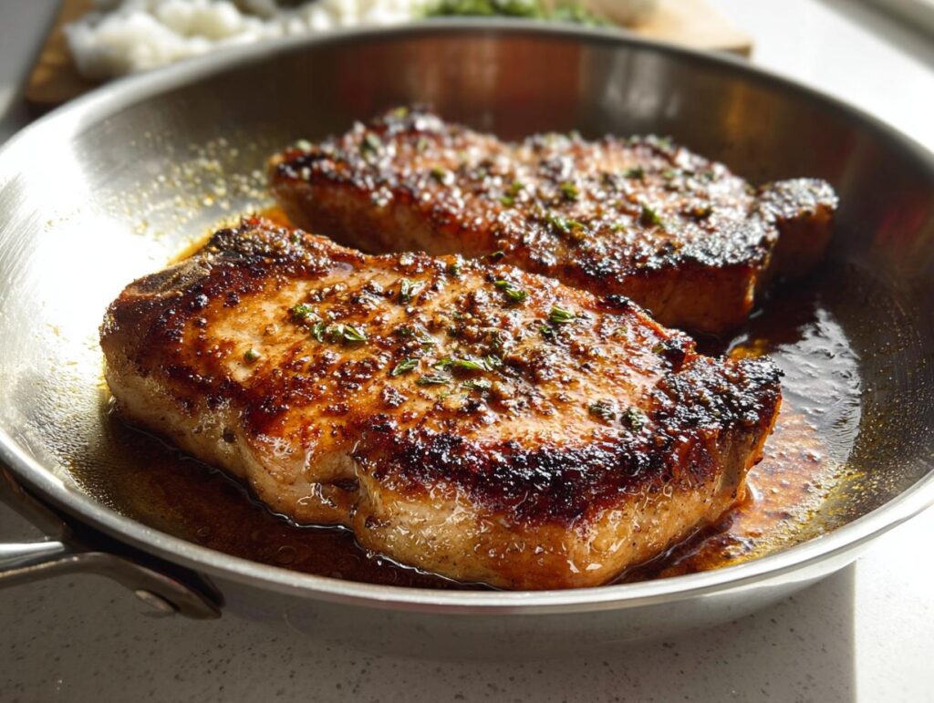 Two perfectly seared pork chops in a pan, glistening with sauce and herbs, ready for meal prep.