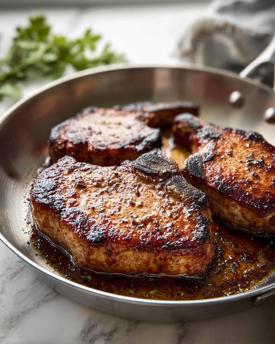 Close-up of pan-seared pork chops, glistening with sauce and herbs, ready for meal prep.