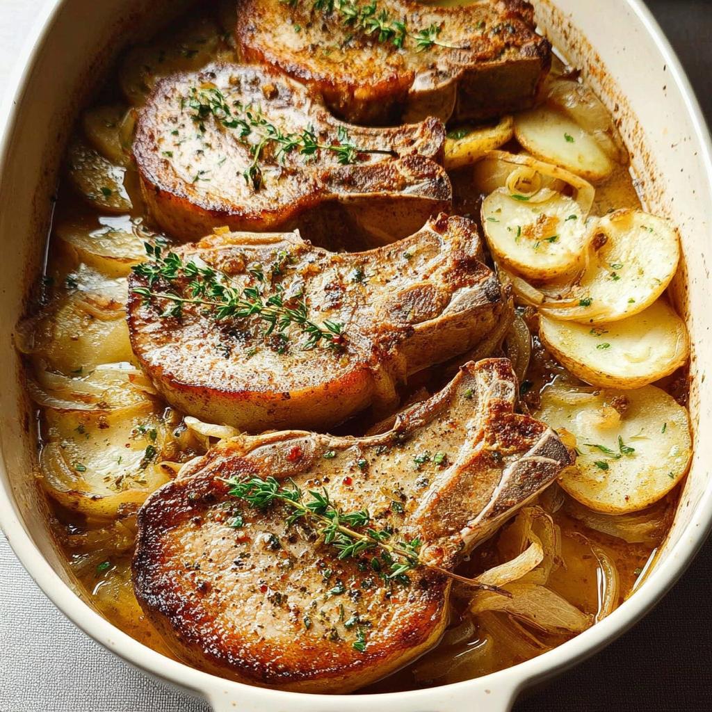 Close-up of baked pork chops nestled with sliced potatoes and onions in a casserole dish, garnished with thyme.