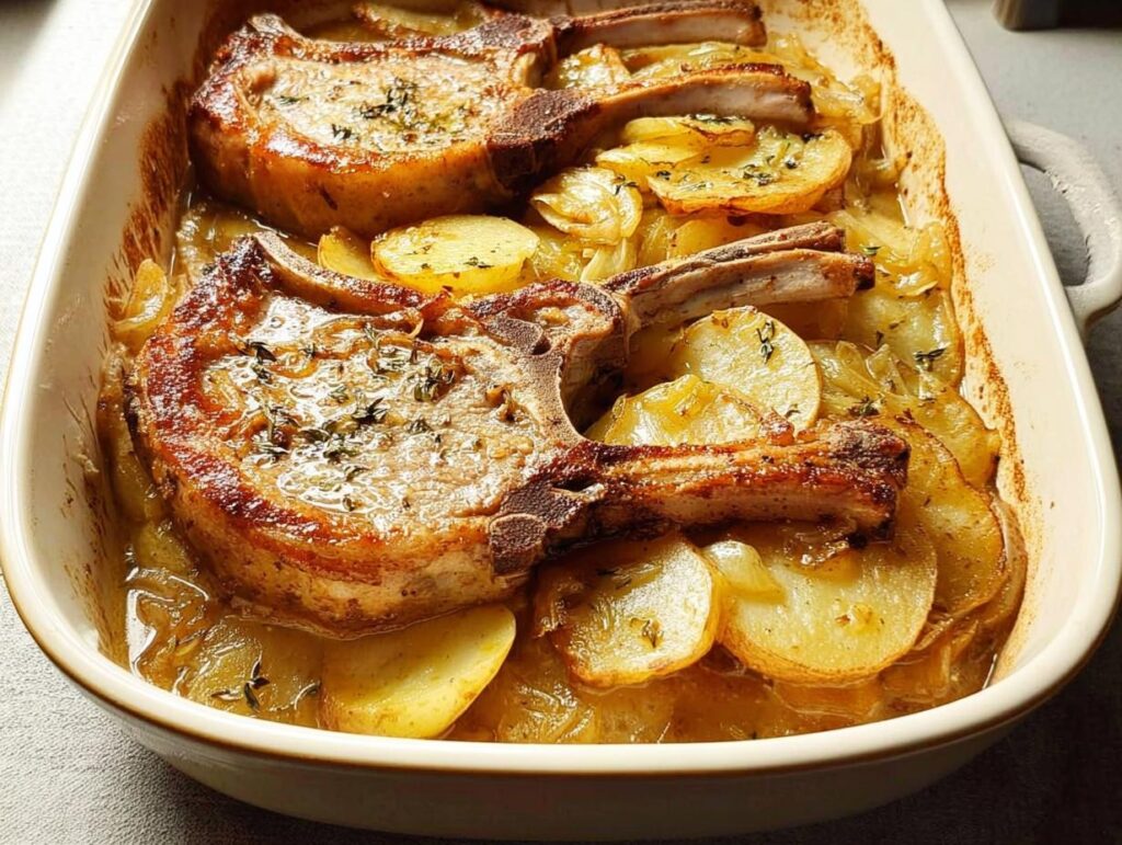 Two bone-in pork chops baked with sliced potatoes and onions in a casserole dish.