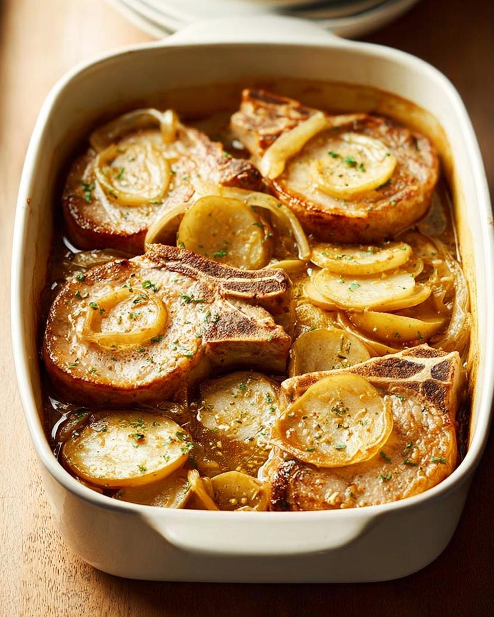Close-up of baked pork chops with sliced potatoes and onions in a white baking dish, a delicious weeknight meal.