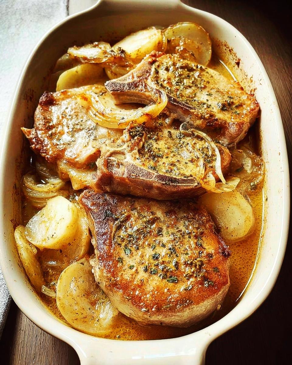 Close-up of baked pork chops with sliced potatoes and onions in a casserole dish.
