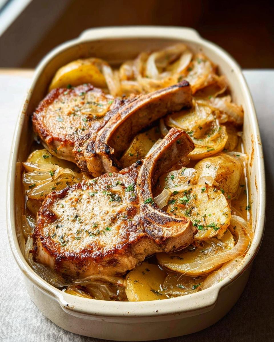 Two bone-in pork chops baked with sliced potatoes and onions in a casserole dish, sprinkled with parsley.