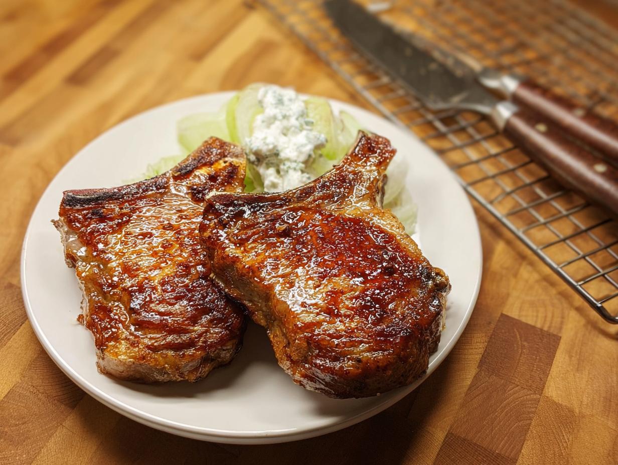 Two perfectly cooked pork chops served with a side salad on a white plate, featuring a glossy glaze.