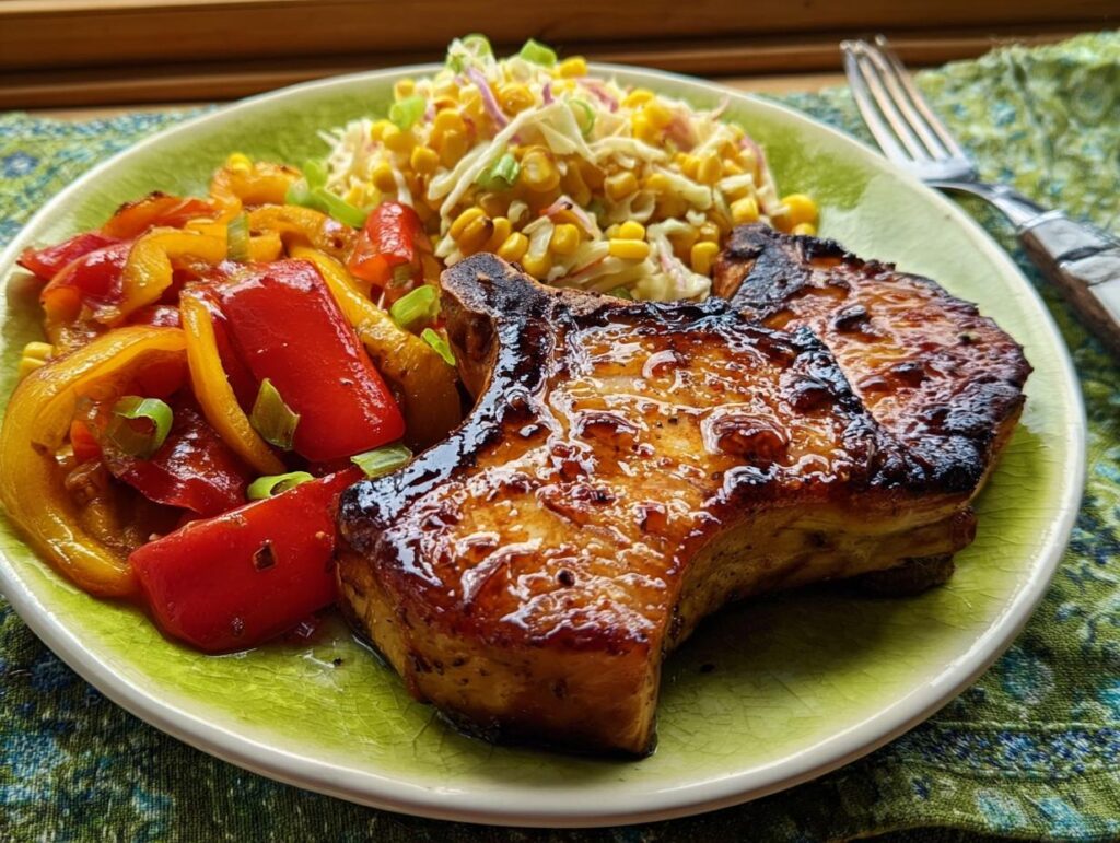 Two perfectly cooked pork chops with a glossy glaze, served with sautéed bell peppers and a corn salad.