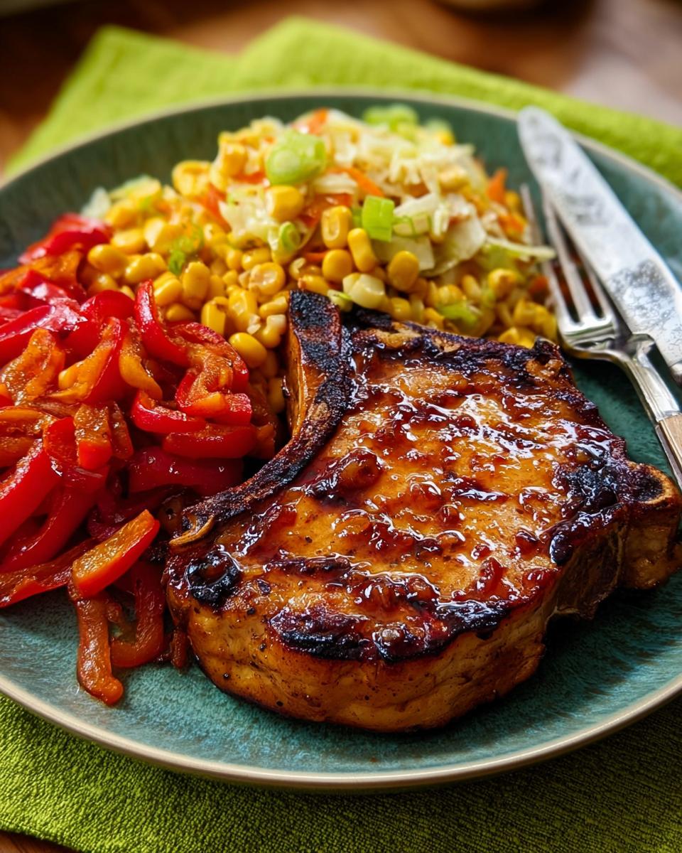 A juicy, glazed pork chop served with corn and red peppers, a perfect example of how to make pork chops recipes like a pro.