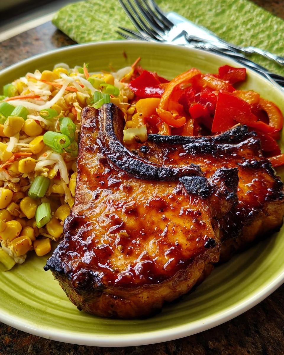 Two perfectly cooked pork chops glazed with a shiny sauce, served with corn and bell peppers.