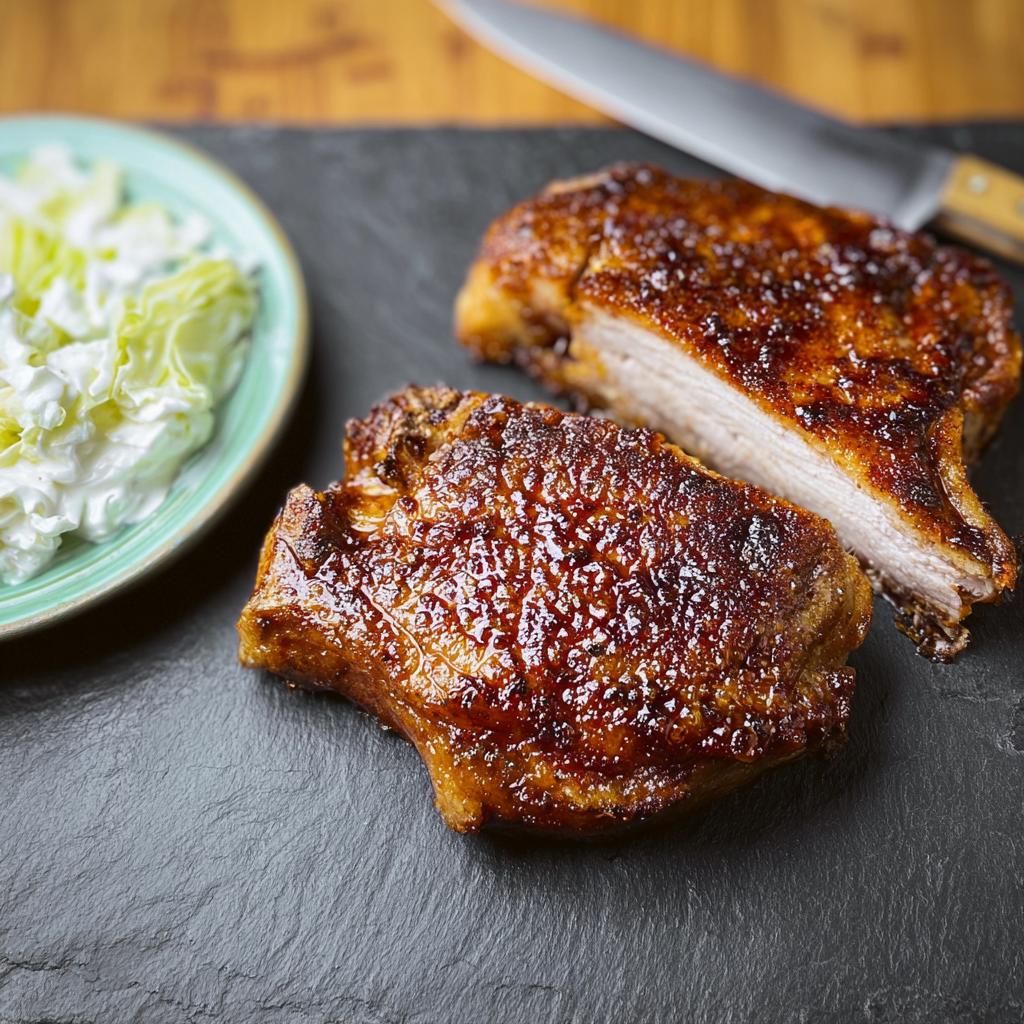 Two perfectly cooked pork chops, one sliced to show juicy interior, served with a side of creamy coleslaw.