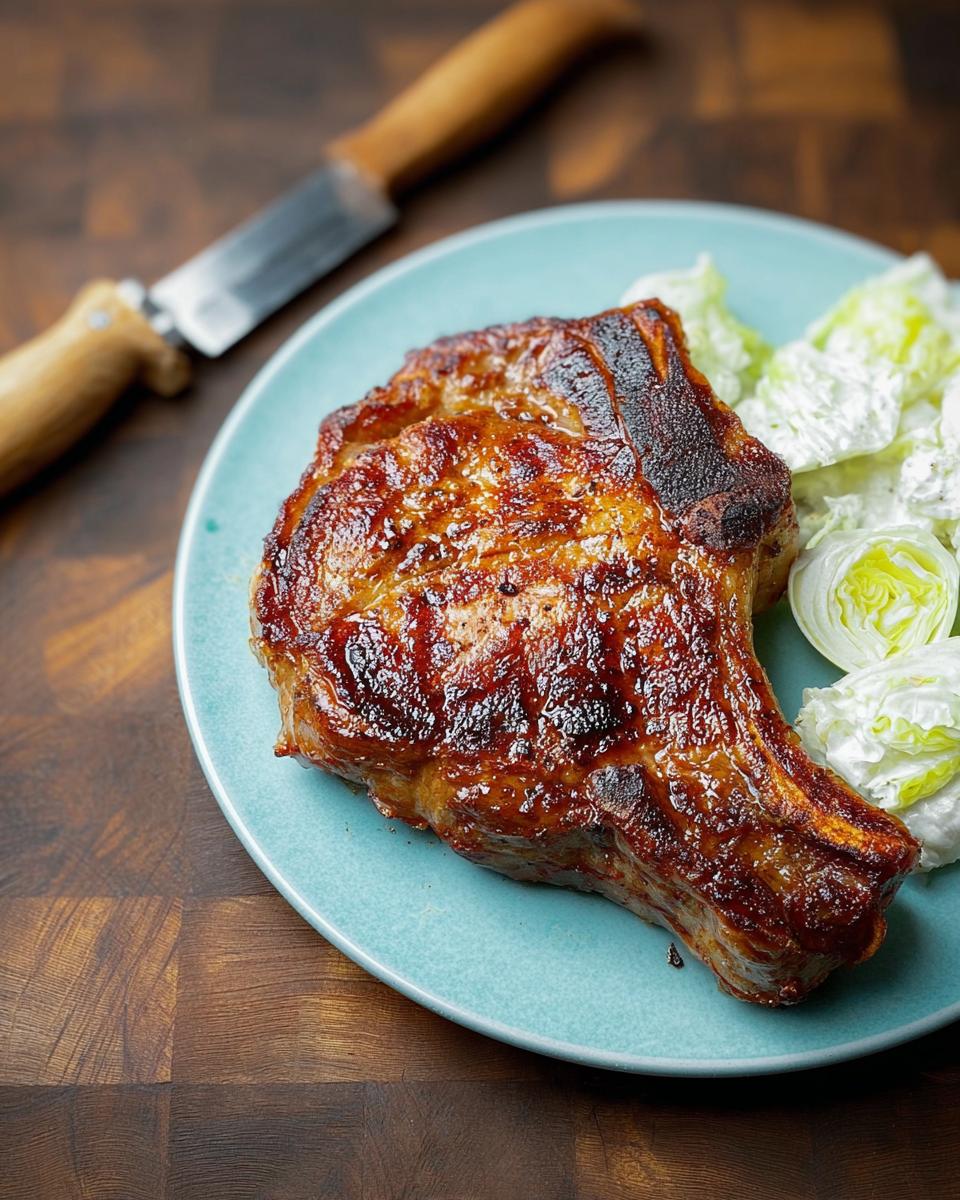 A perfectly cooked, juicy pork chop served with a side of crisp lettuce on a blue plate.
