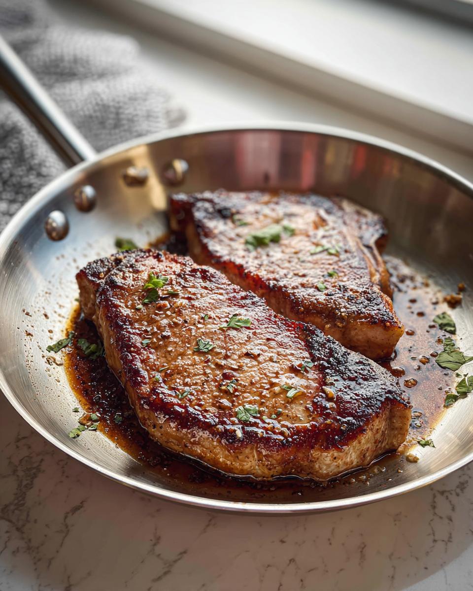 Two perfectly seared pork chops in a skillet with a rich sauce, garnished with fresh herbs. A great Pork Chops Recipes Meal Prep.