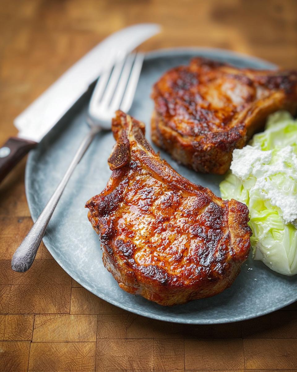 Two perfectly cooked pork chops served with a fresh side salad, part of our popular Pork Chops Recipes.