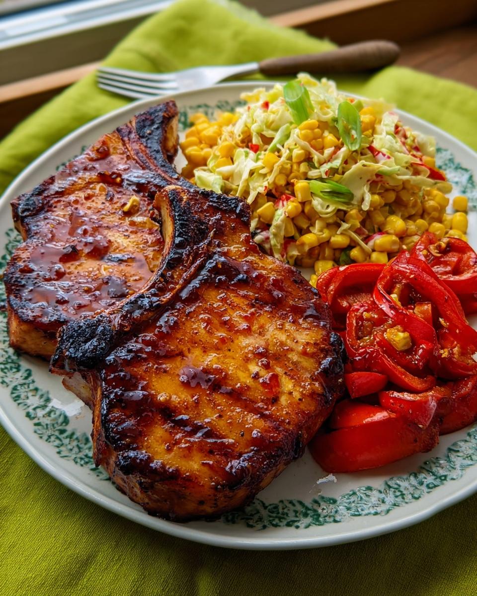 Two perfectly cooked pork chops with a glossy glaze, served with corn salad and roasted red peppers.