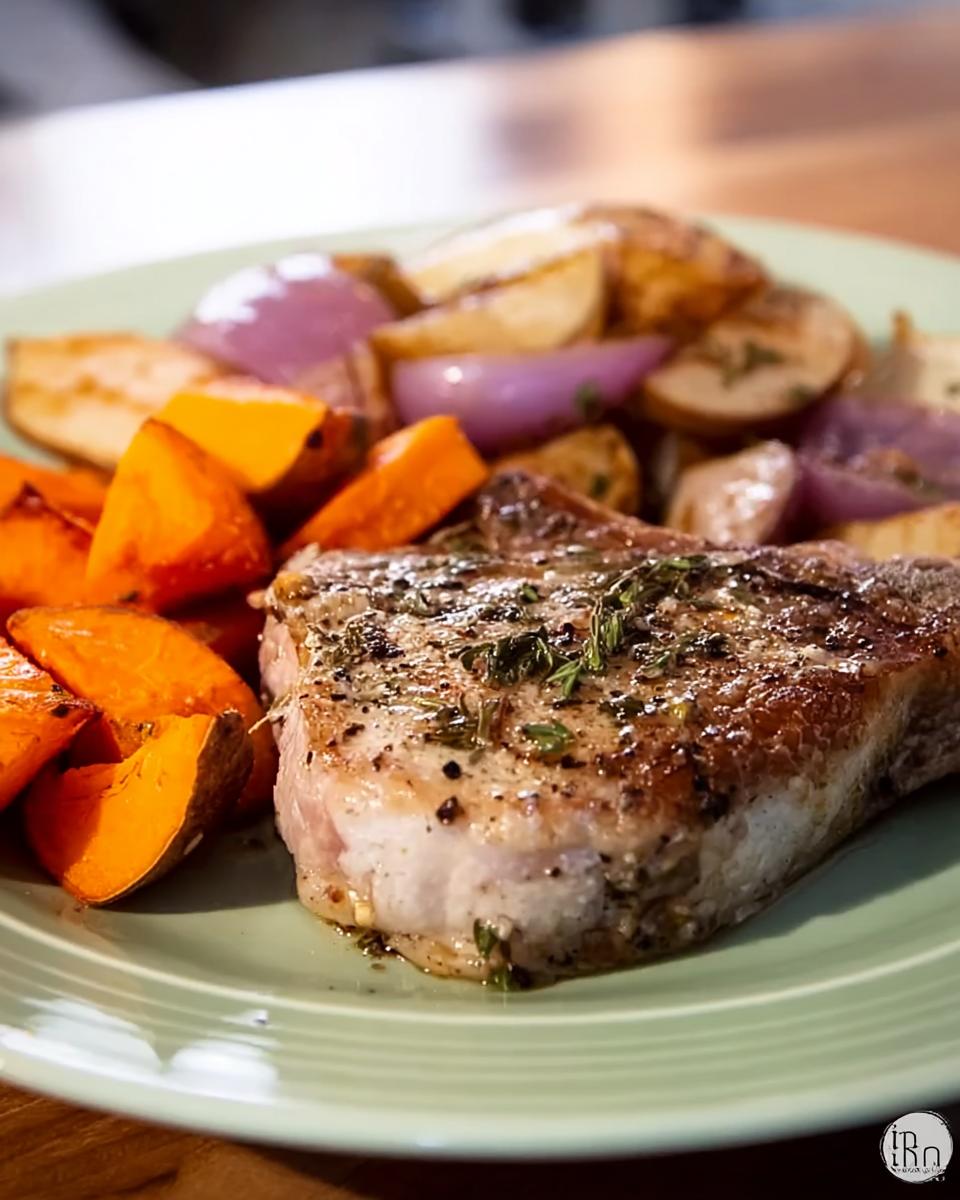 A perfectly cooked pork chop served with roasted sweet potatoes, red onions, and potatoes, seasoned with herbs.