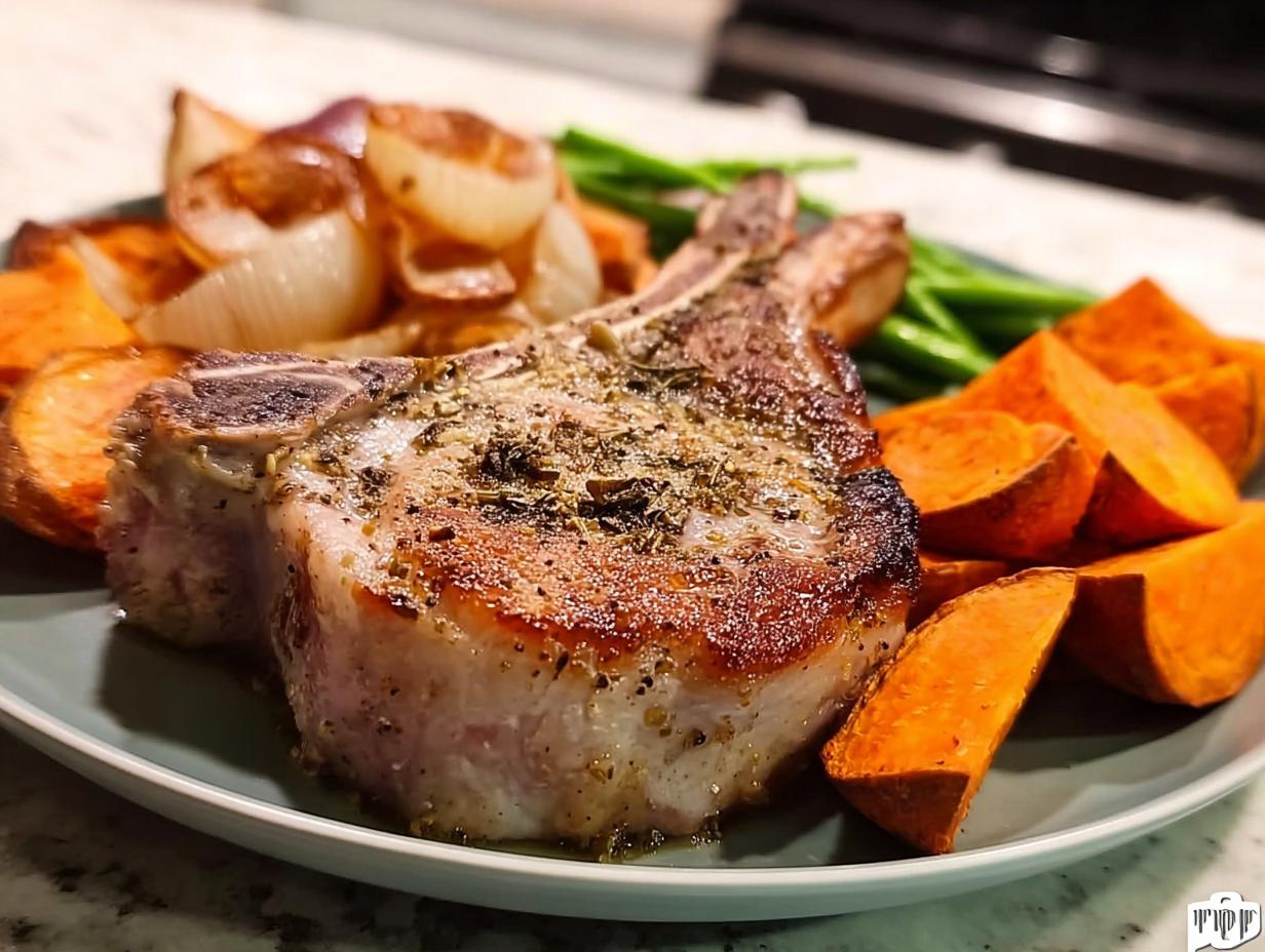 A perfectly cooked pork chop recipe served with roasted sweet potatoes, onions, and green beans.