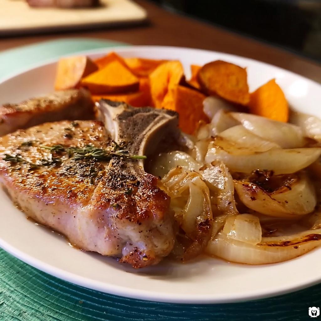 A perfectly cooked pork chop served with roasted sweet potato wedges and caramelized onions.