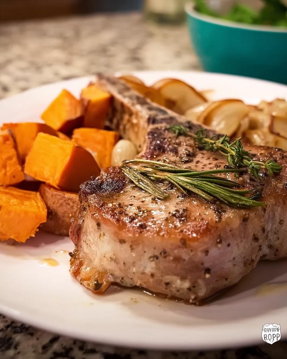 A perfectly cooked pork chop served with roasted sweet potatoes and sliced onions, garnished with rosemary and thyme.
