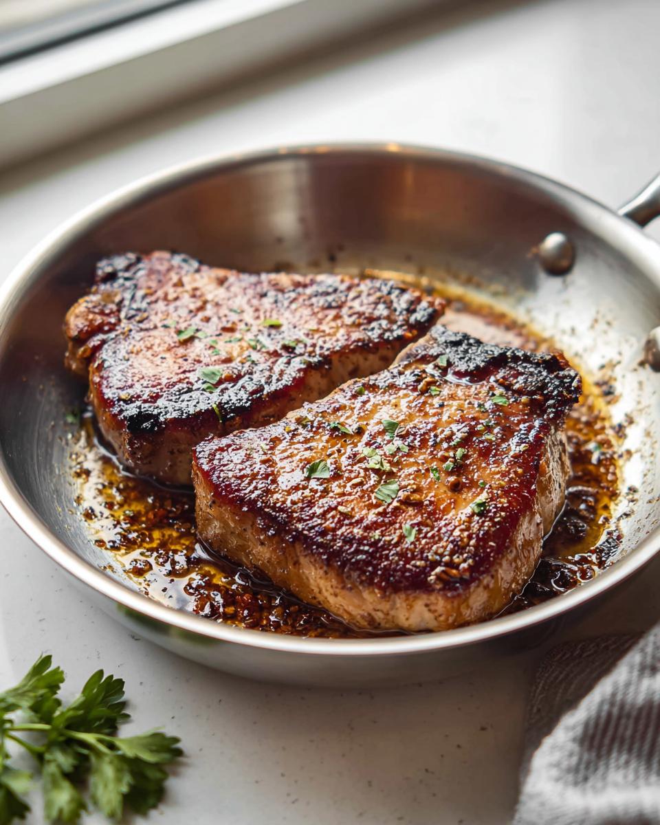 Two perfectly pan-seared pork chops in a skillet with a flavorful sauce, ready for meal prep.