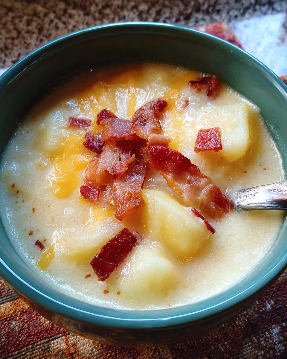 A close-up of a bowl of creamy potato soup topped with crispy bacon bits and melted cheese, part of 12-Ingredient Soup Recipes.