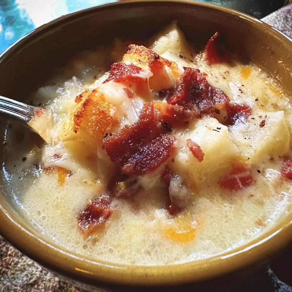 Close-up of a bowl of creamy potato soup topped with crispy bacon and croutons, part of 12-Ingredient Soup Recipes.