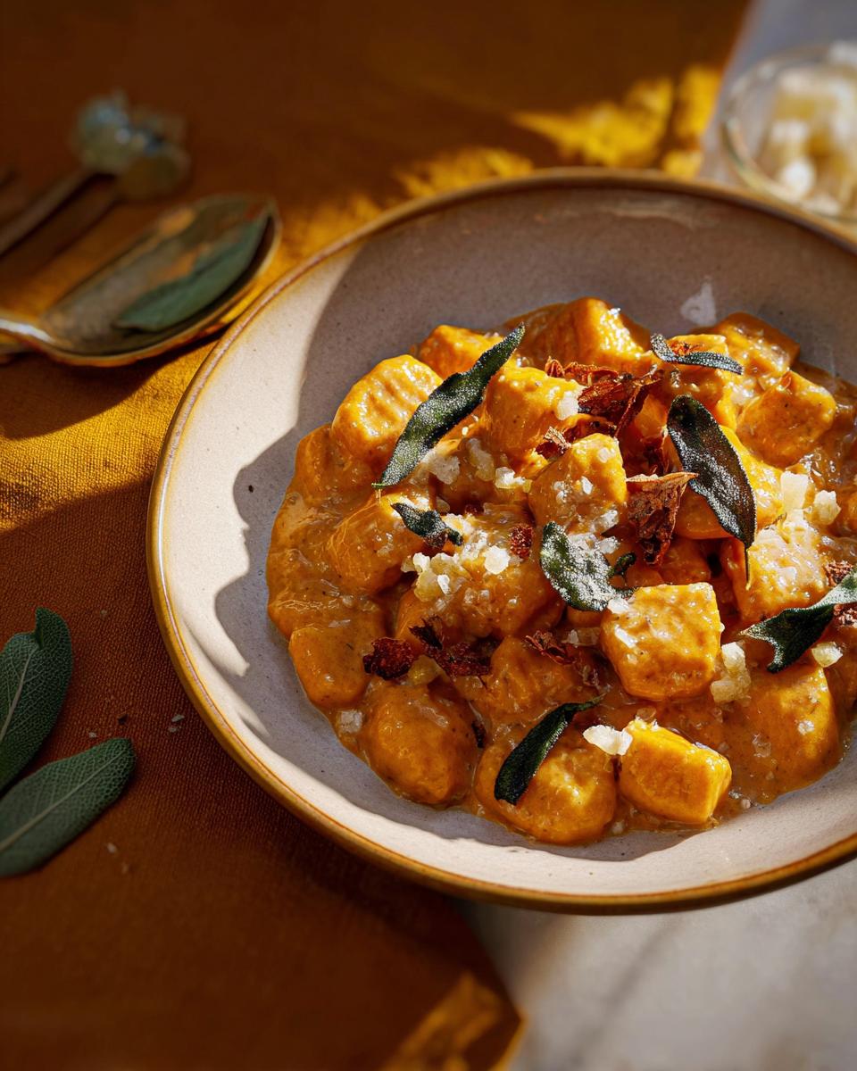 Close-up of creamy pumpkin gnocchi pasta recipe topped with crispy sage leaves and parmesan.