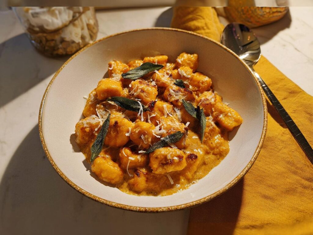 A bowl of pumpkin gnocchi pasta with sage and parmesan cheese, part of a pasta recipes article.
