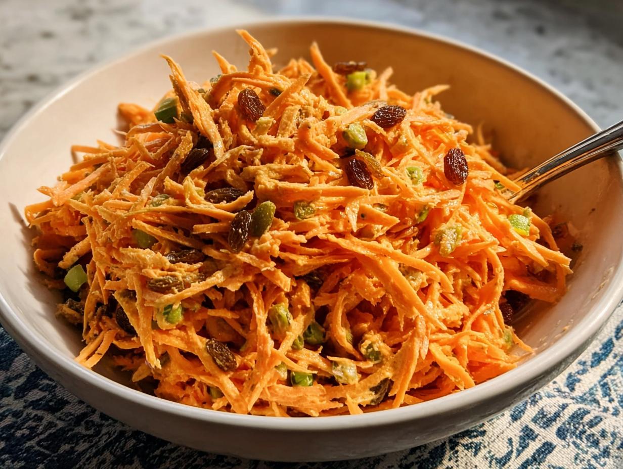 A close-up of a bowl filled with shredded carrot salad, mixed with raisins and green peas, perfect for veggie sides recipes.