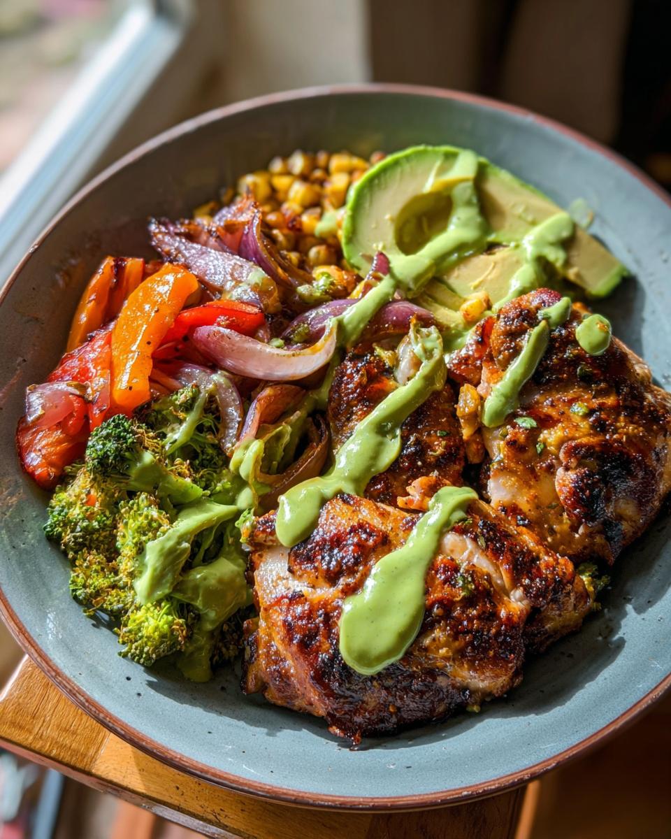A vibrant bowl featuring grilled chicken, roasted vegetables, corn, avocado, and a green sauce, perfect for quick chicken recipes.