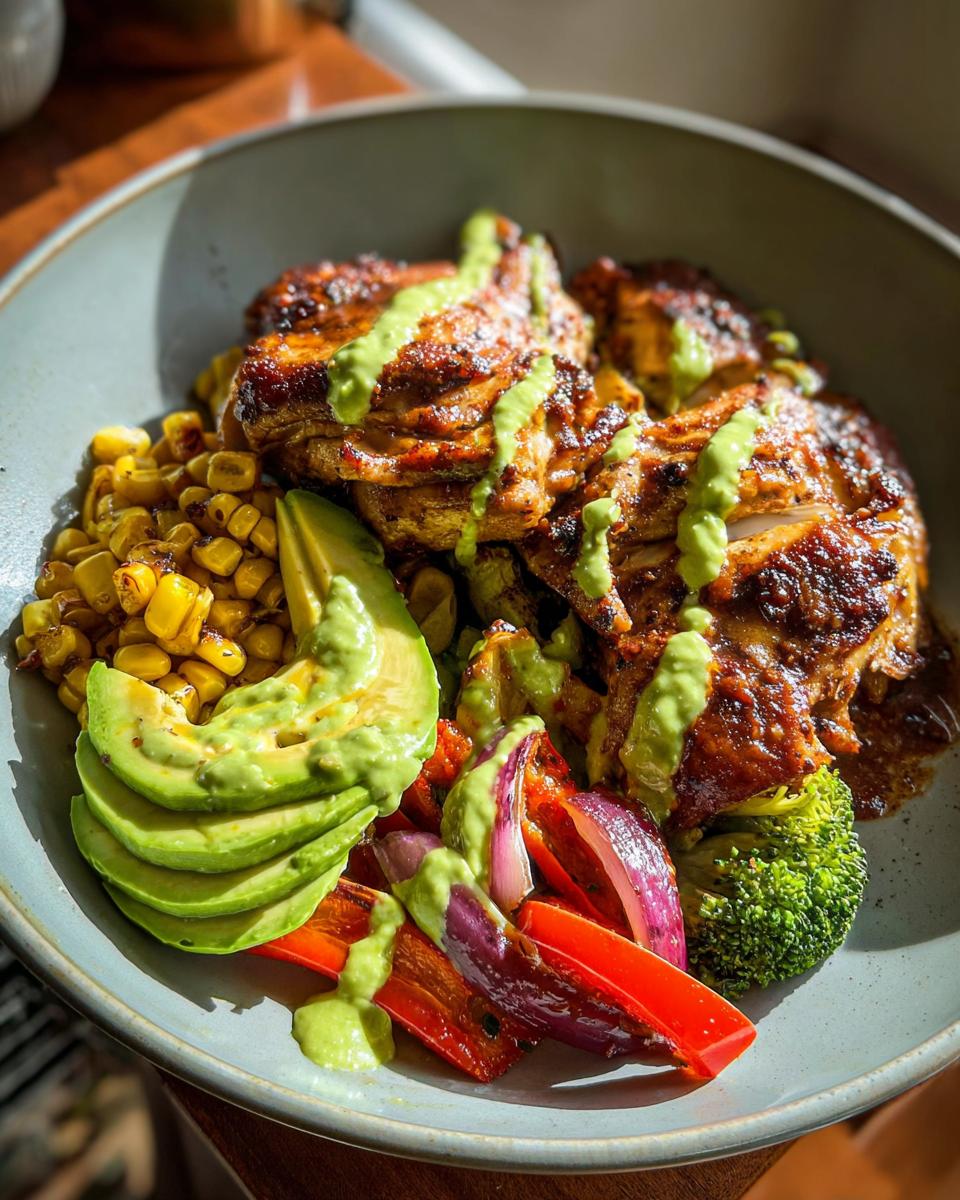 A colorful bowl featuring grilled chicken, avocado slices, corn, bell peppers, red onion, and broccoli, drizzled with a green sauce. A quick and easy chicken recipe.