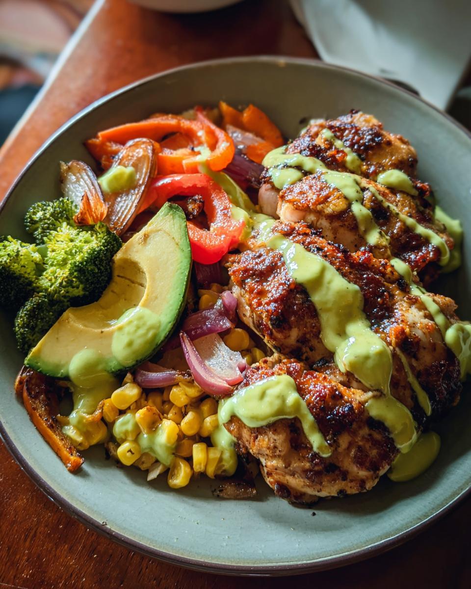 A healthy and colorful bowl featuring grilled chicken, avocado, broccoli, corn, and roasted peppers, drizzled with a creamy green sauce. A perfect example of quick chicken recipes.