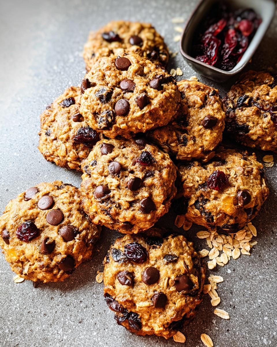 A pile of delicious and chewy oatmeal chocolate chip cookies, perfect for quick breakfast ideas recipes.