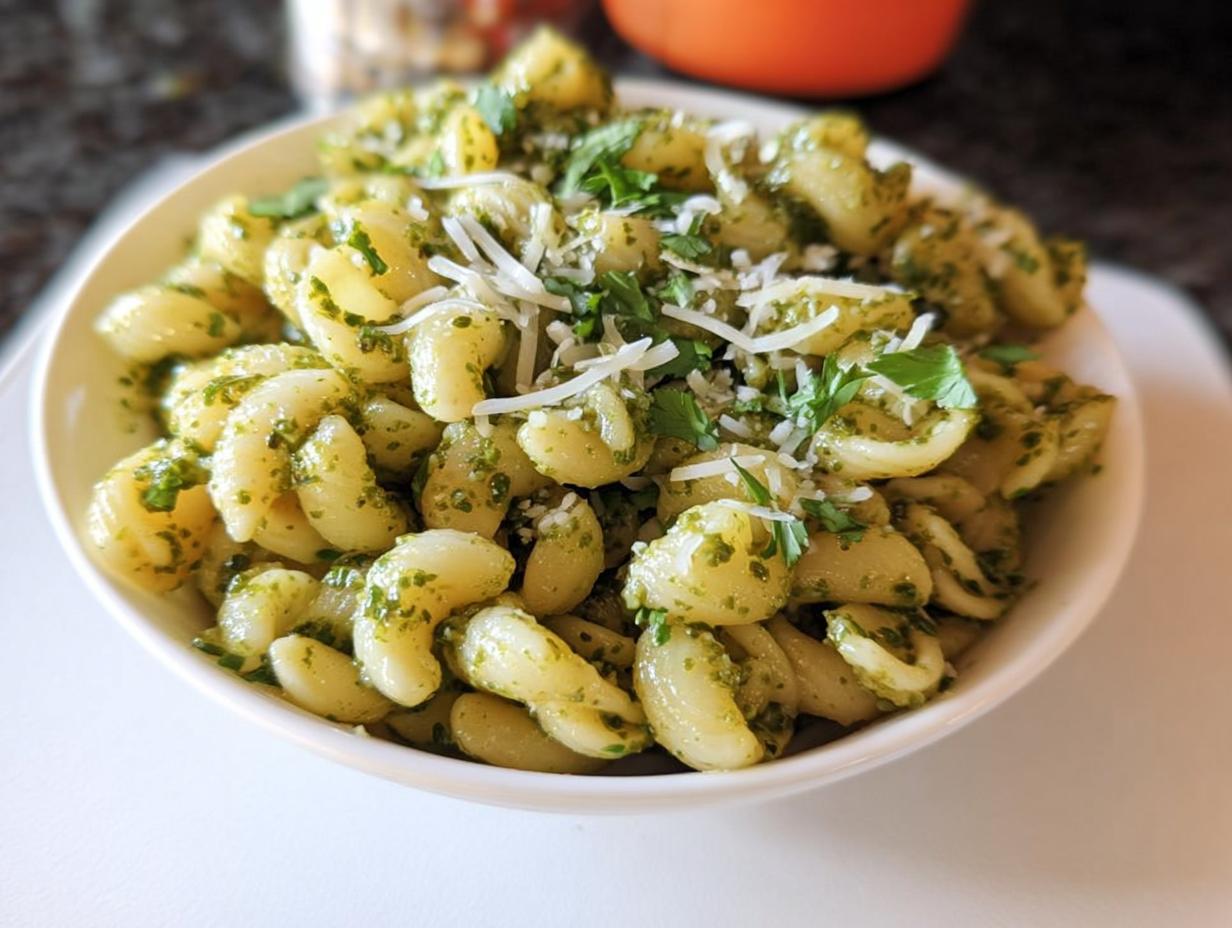 A bowl of fresh pasta tossed in vibrant green pesto sauce, topped with grated cheese and parsley. Perfect for quick pasta recipes.