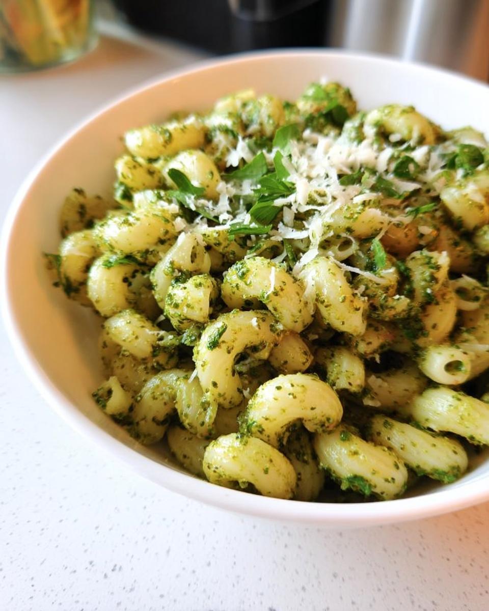 A bowl of delicious pesto pasta, a perfect quick pasta recipe for busy weeknights.