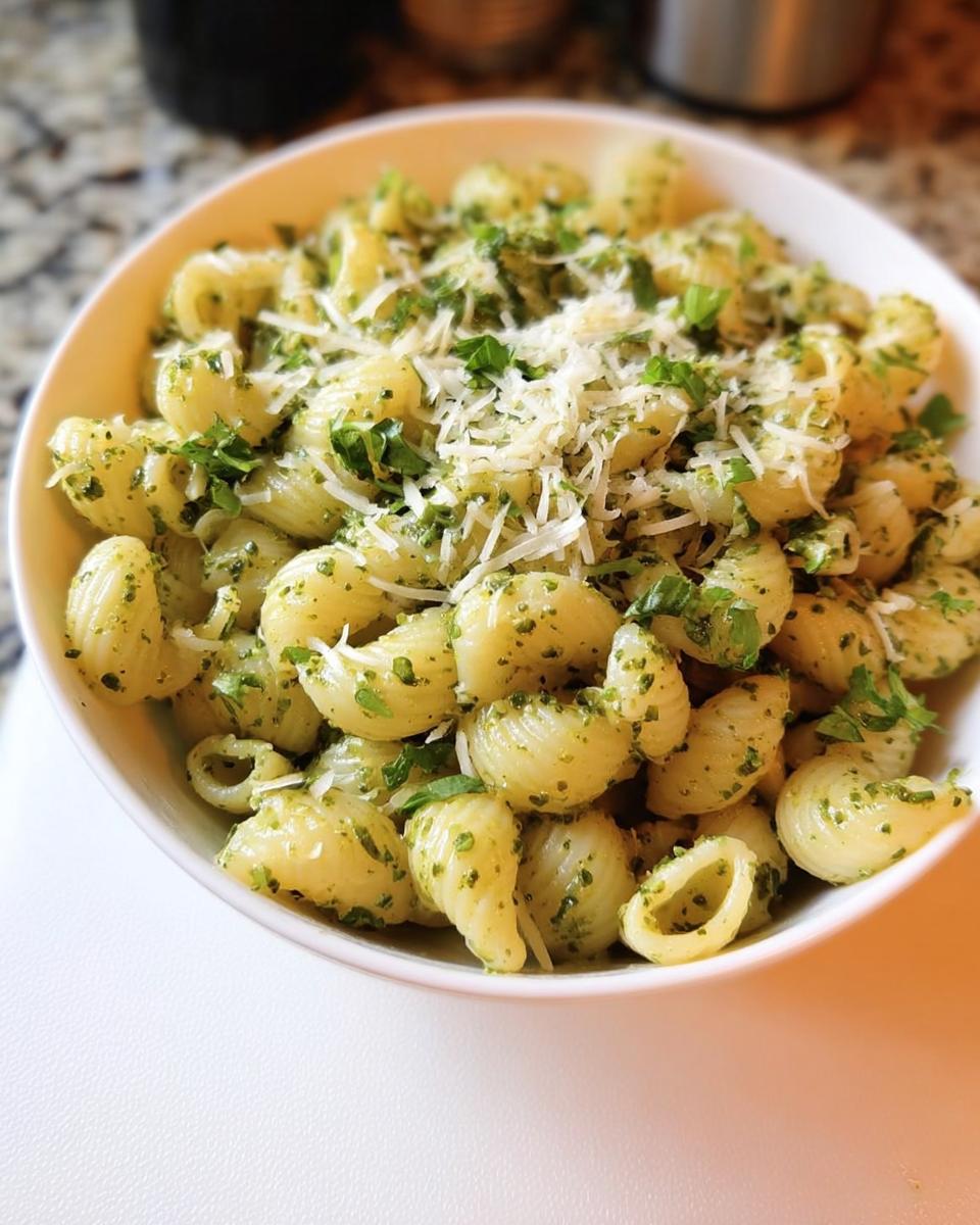 A bowl of delicious pasta with pesto sauce, topped with grated Parmesan cheese and fresh parsley. Perfect for quick pasta recipes.