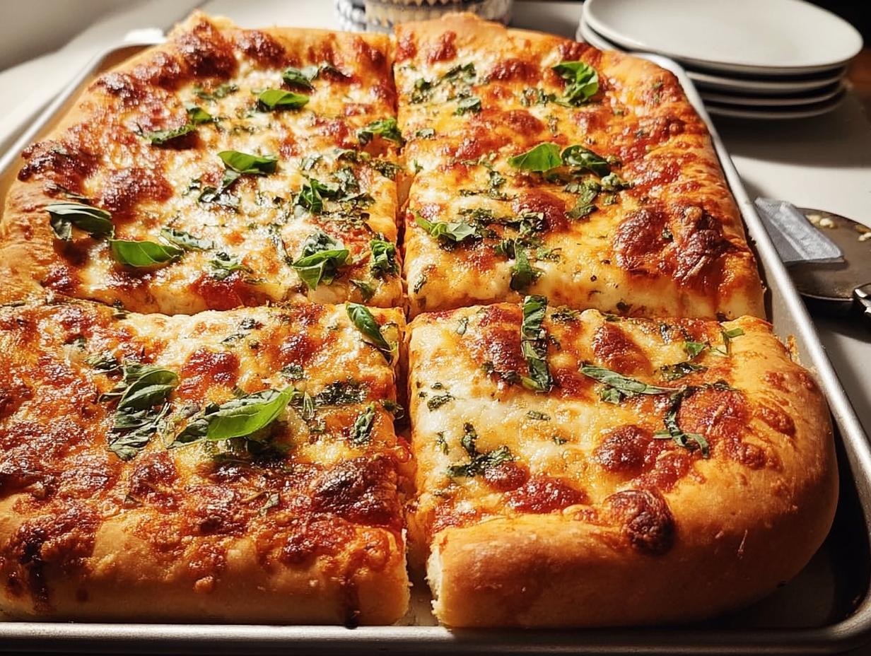 Close-up of a freshly baked rectangular pizza, cut into squares, topped with melted cheese and fresh basil for a quick pizza night recipe.
