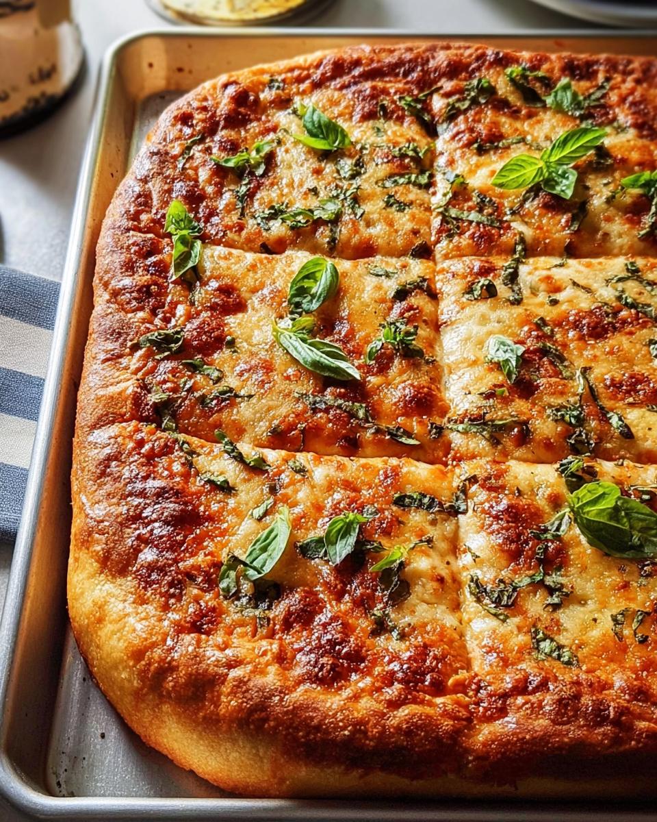Close-up of a freshly baked pizza, cut into squares, topped with melted cheese and fresh basil. Perfect for pizza night recipes.