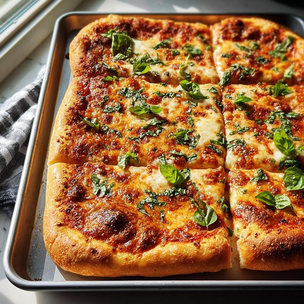 A delicious, cheesy pizza cut into squares, topped with fresh basil, perfect for Pizza Night Recipes in 10 Minutes.