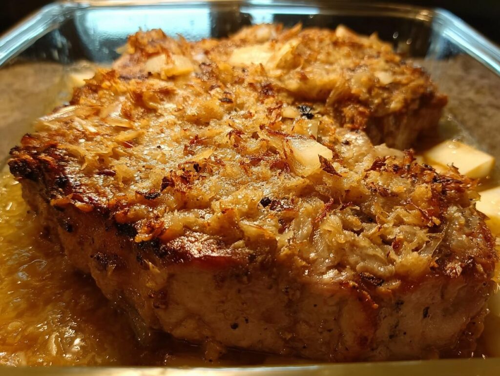 Close-up of a juicy pork chop with a crispy, golden-brown topping, part of a quick pork chops recipe.