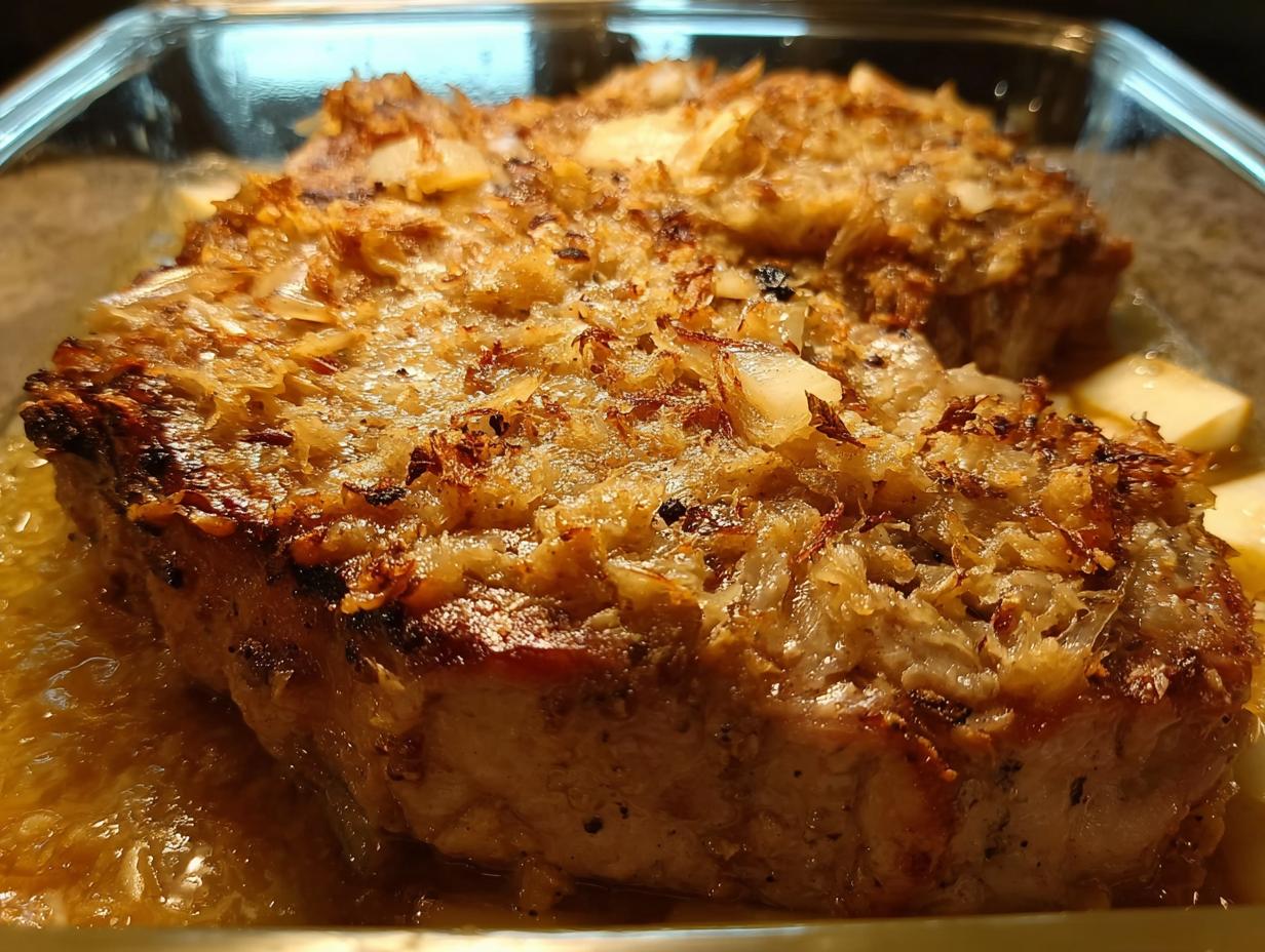 Close-up of a juicy pork chop with a crispy, golden-brown topping, part of a quick pork chops recipe.